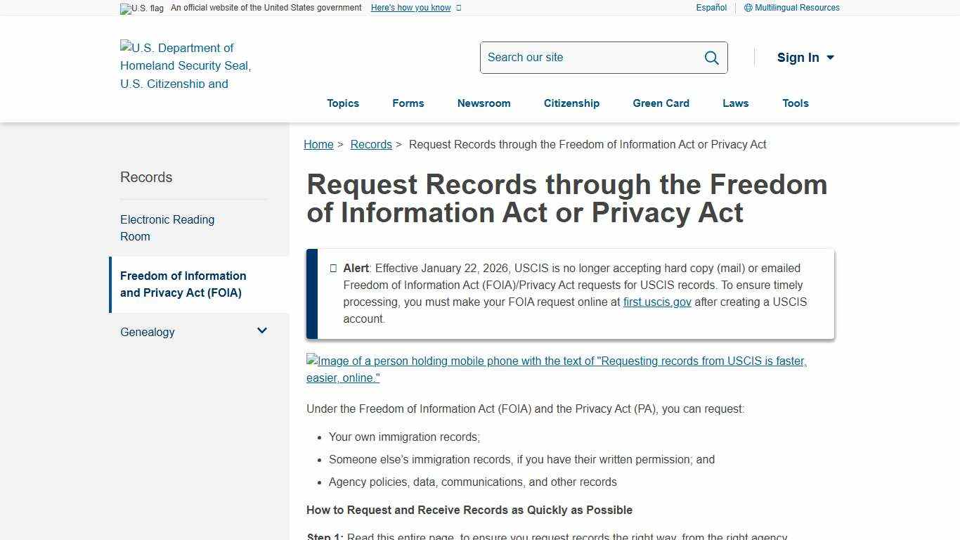 Request Records through the Freedom of Information Act or Privacy Act | USCIS